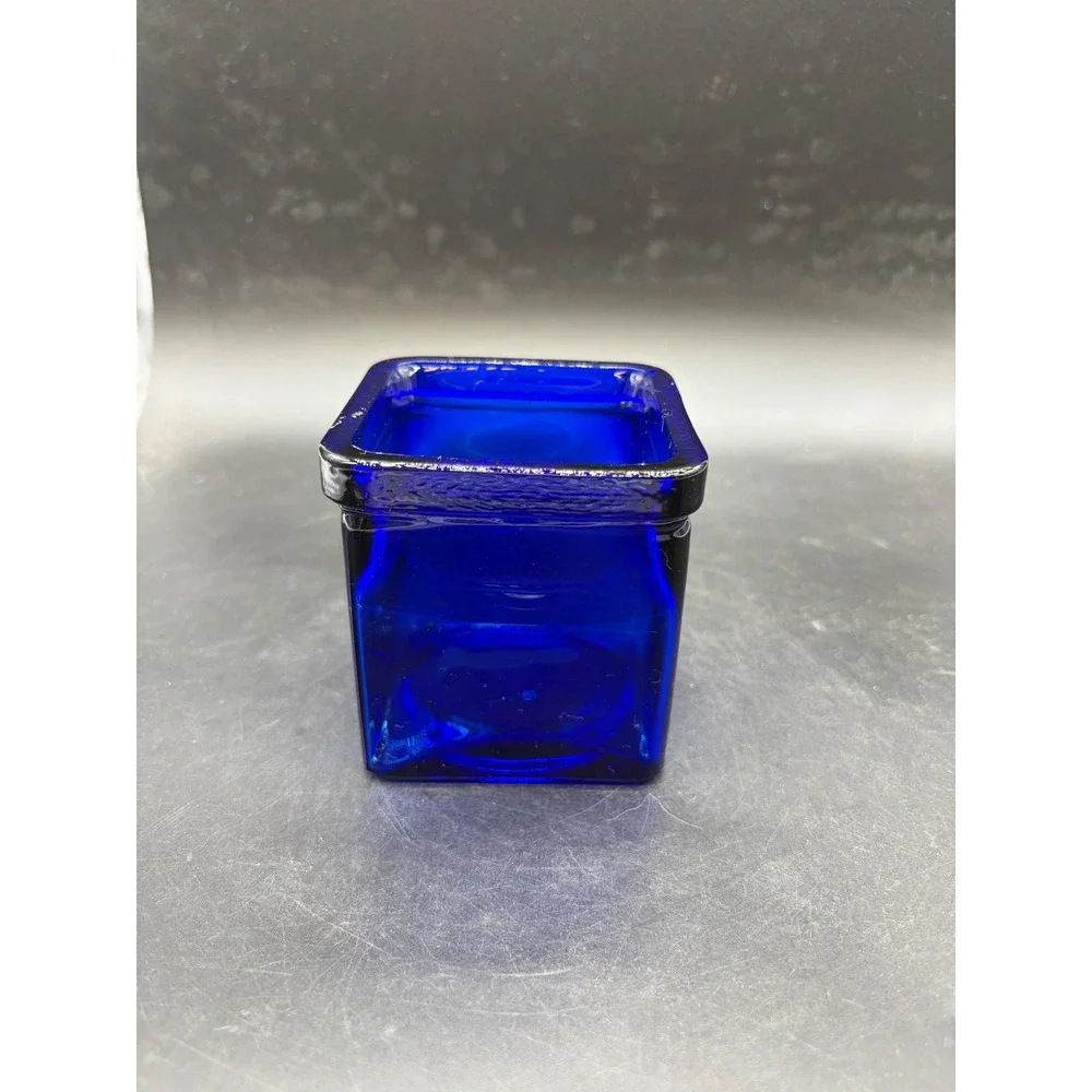 Cobalt Blue Glass Square Votive Candle Holder Textured Rim Decorative Mini Vase